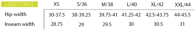 macna sizing chart women's pants
